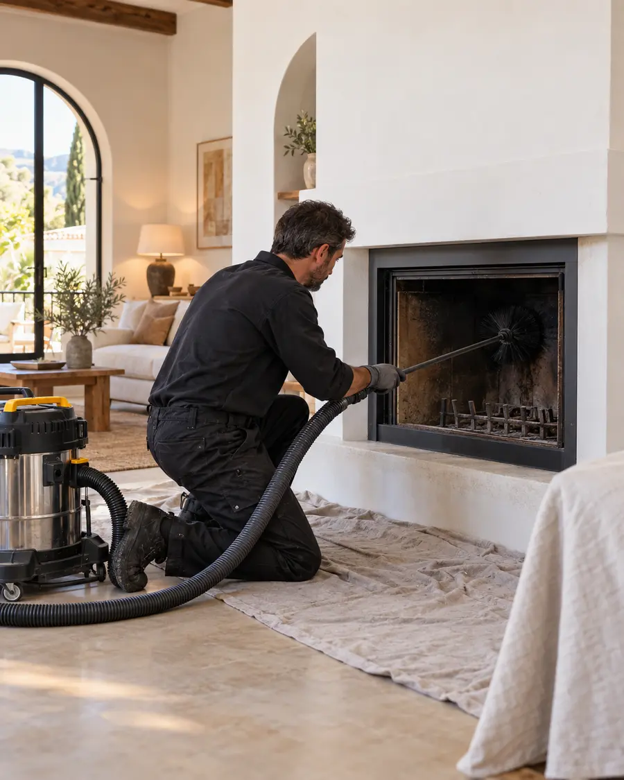 Profesional realizando la limpieza de una chimenea con cepillo y aspiración controlada